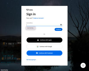 Adobe login page showing browser fill options for username. 