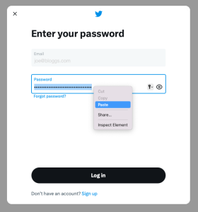 Twitter login page showing the 'paste' menu allowing users to paste a password into the password field.