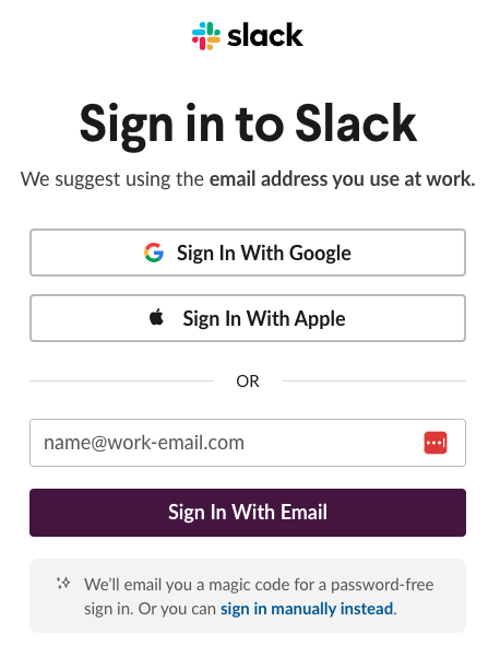 Slack sign in page showing options for signing in with Google or Apple, and email via a Magic Link.