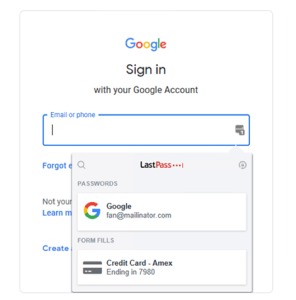 Google's login page showing Last Pass options for logging in with the help of a password manager.