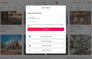 Airbnb login page showing options for logging in with Facebook, Google, Apple or with email.