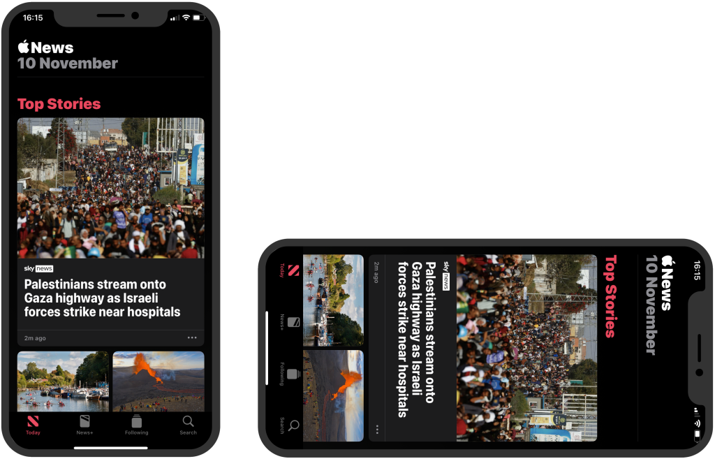 Two iPhones showing the Apple News app. One iPhone is in portrait mode and display the app correctly. The other iPhone is in landscape mode and the app doesn't adapt its display.