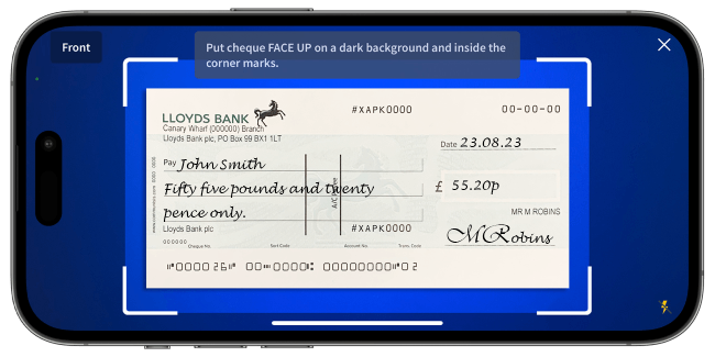 Figure 3: The Halifax banking app cheque deposit feature shown in landscape mode.