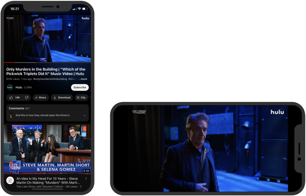 Two iPhones, one in portrait mode and the other in landscape mode showing the YouTube app playing 'Only Murders in the Building' TV show. The YouTube app adapts it's display for both orientations.