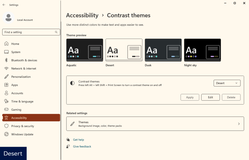 The settings pages for the desert theme in Windows High Contrast Mode
