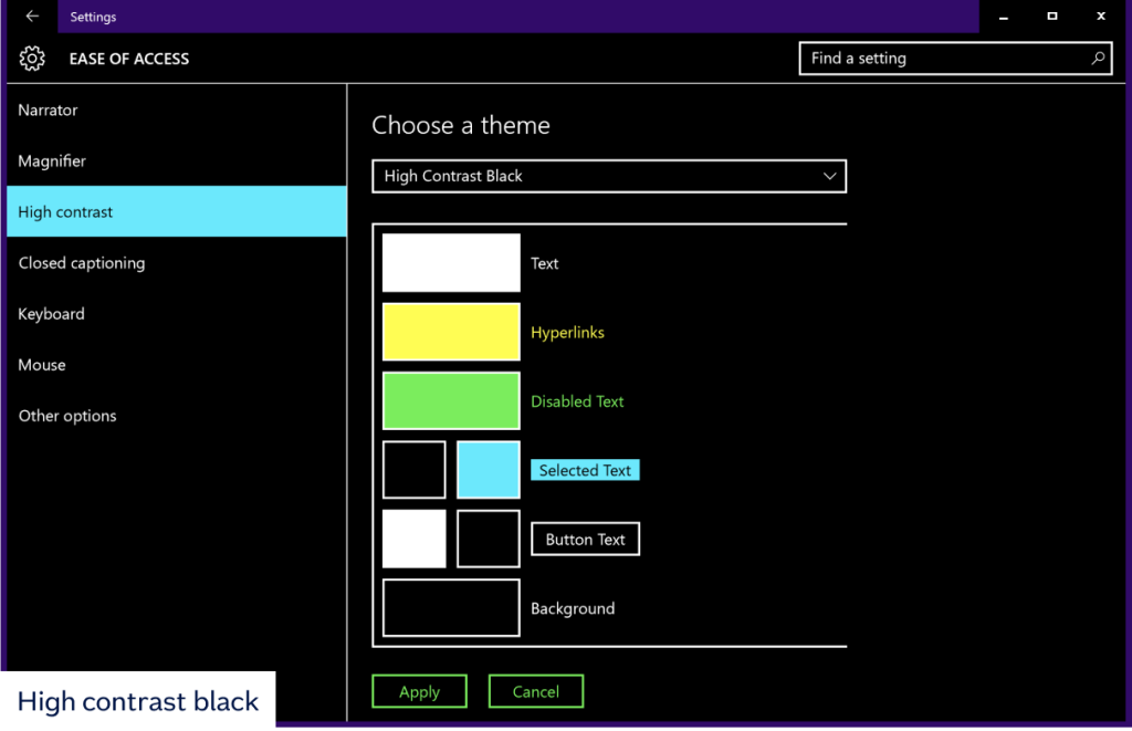 The settings page for the high contrast black theme.