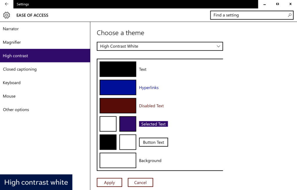 Settings page for the high contrast white theme in Windows High Contrast Mode
