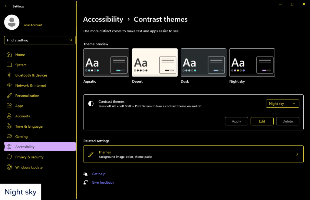 The settings page for the night sky theme.