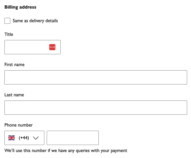 A billing address form showing a "same as delivery details" checkbox at the top of the form.